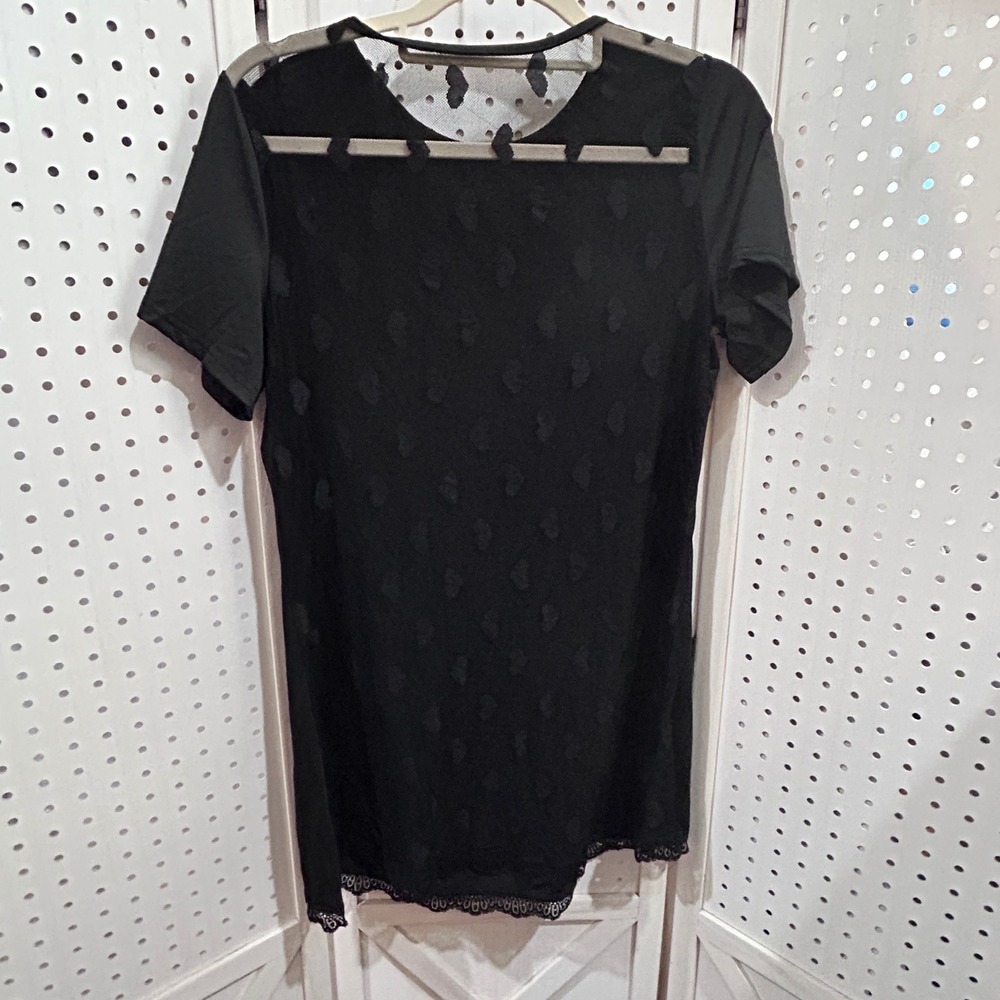 Black Sheer Heart Burnout Mesh Top Short Sleeve Lace Trim Tunic Lingerie Nighty